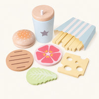 Wooden Burger Play Set Montessori Kitchen shown complete on a plain background