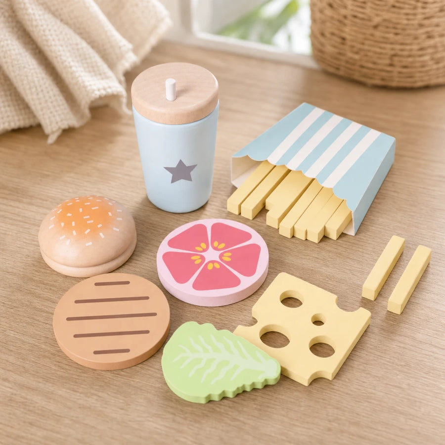 Wooden Burger Play Set Montessori Kitchen set out on a real table at home