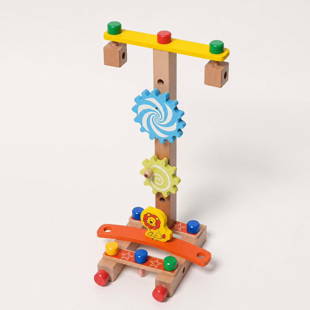 DIY chair building set assembled into a standing frame with gears