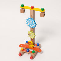 DIY chair building set assembled into a standing frame with gears