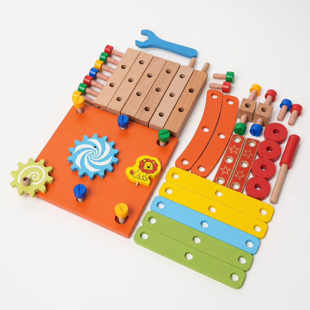 Wooden construction toy tool boards with gears, bolts and screws laid flat