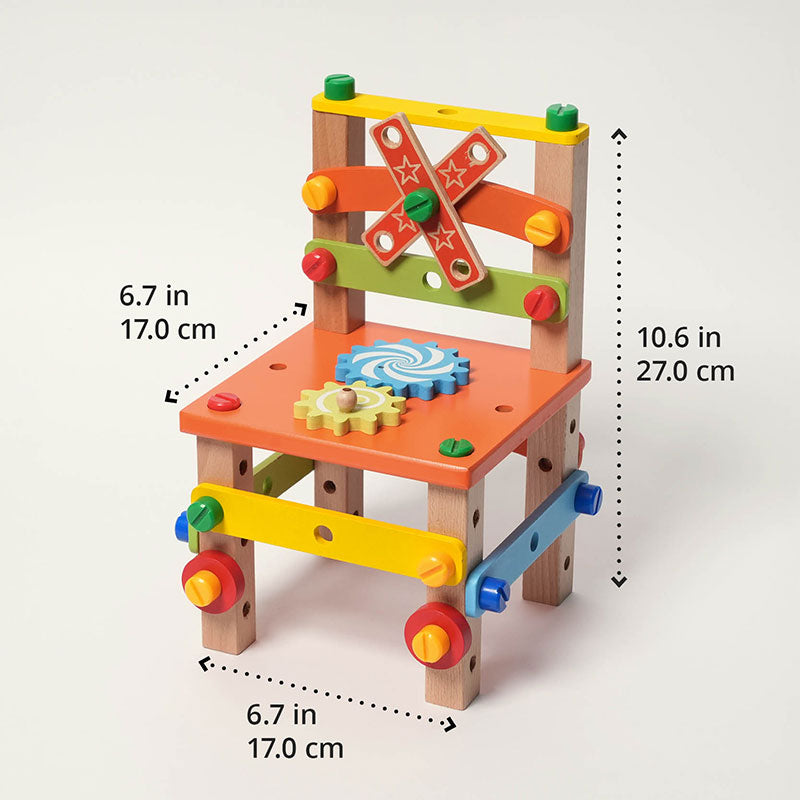 Assembled toy chair from the construction set, shown with dimensions