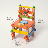 Assembled toy chair from the construction set, shown with dimensions