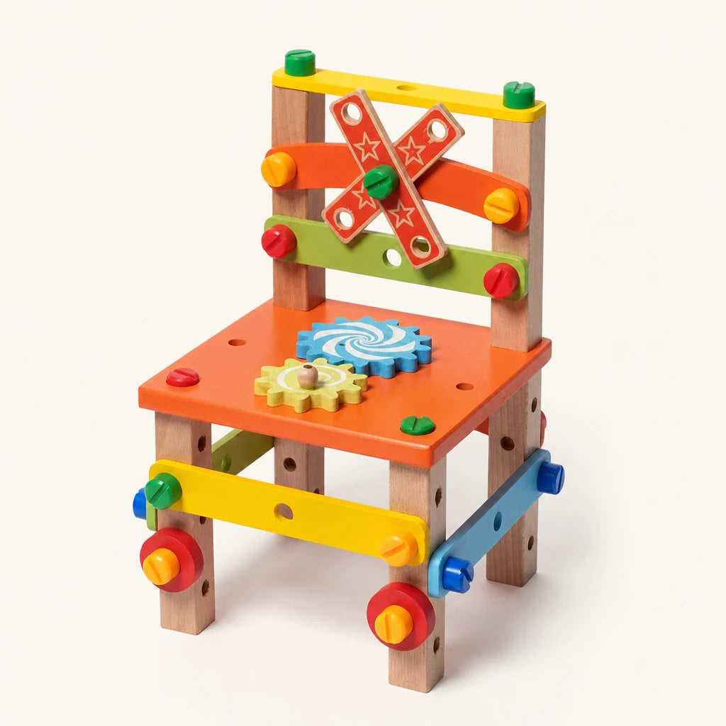 Wooden Construction Toy DIY Chair Building Set shown complete on a plain background
