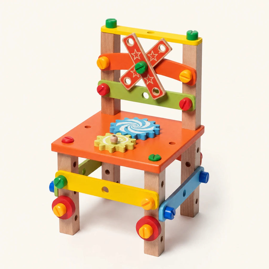Wooden Construction Toy DIY Chair Building Set shown complete on a plain background