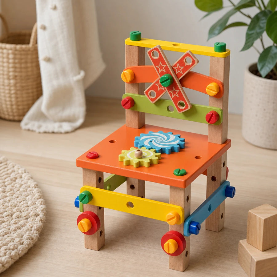 Wooden Construction Toy DIY Chair Building Set set out on a real table at home