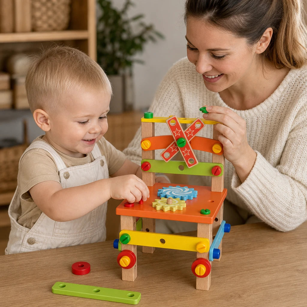 Child playing with the Wooden Construction Toy DIY Chair Building Set