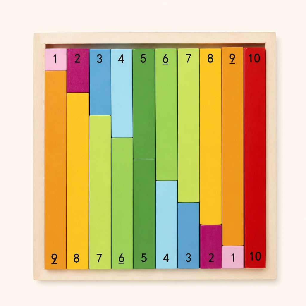 Wooden Counting Sticks Montessori Numbers 1-10 shown complete on a plain background
