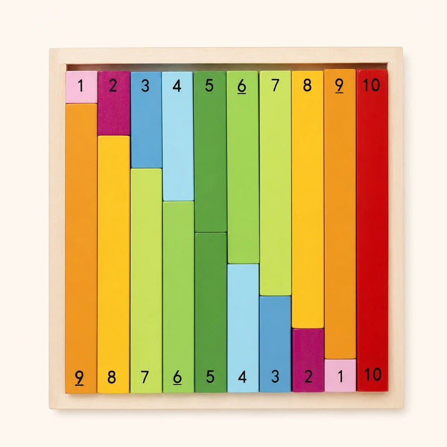 Wooden Counting Sticks Montessori Numbers 1-10 shown complete on a plain background