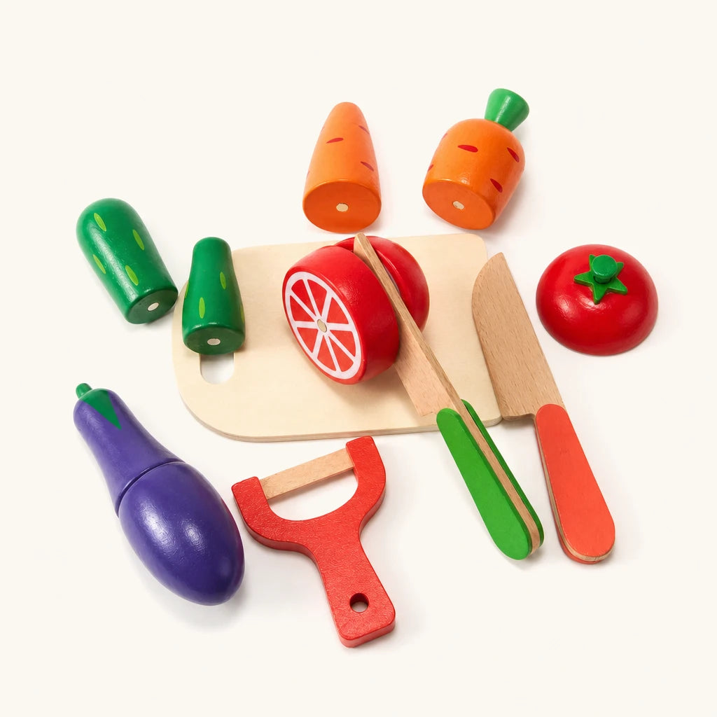 Wooden Cutting Toy Fruits Vegetables Set shown complete on a plain background