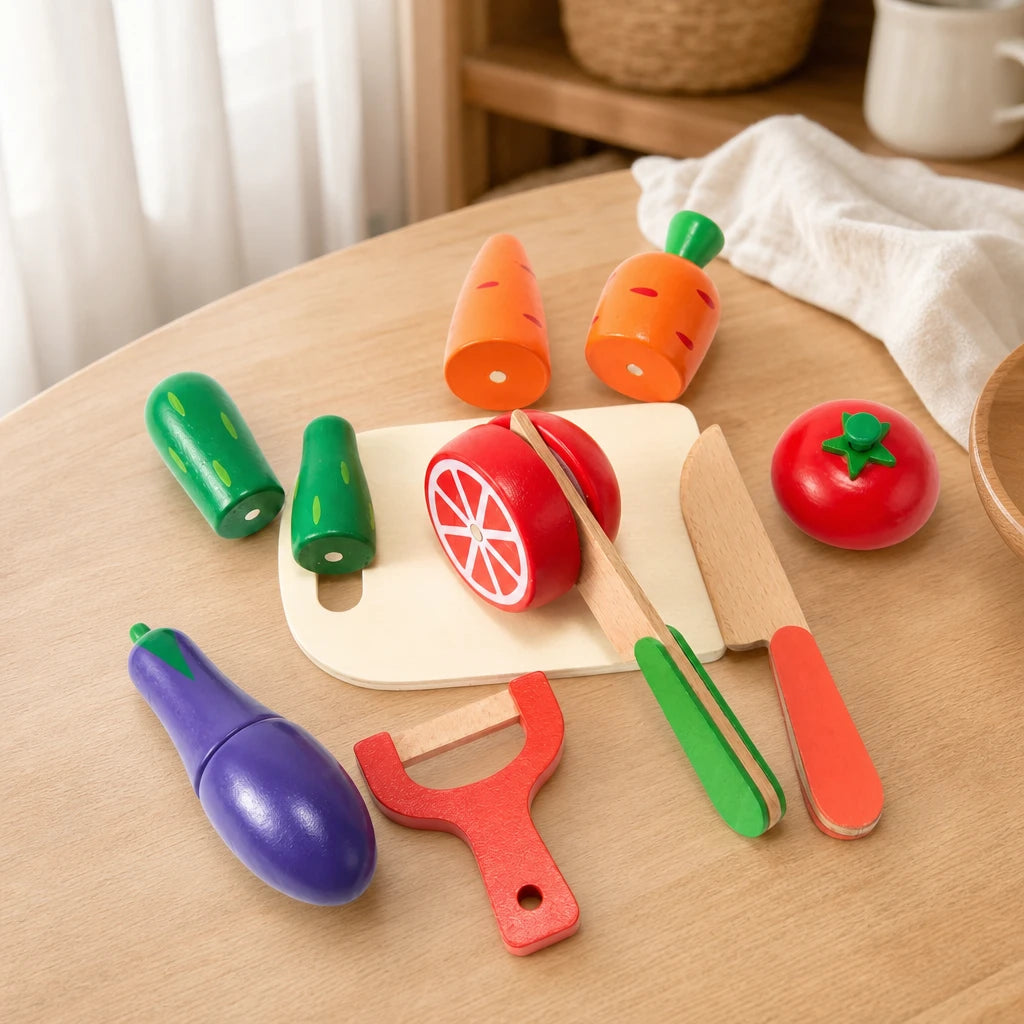 Wooden Cutting Toy Fruits Vegetables Set set out on a real table at home