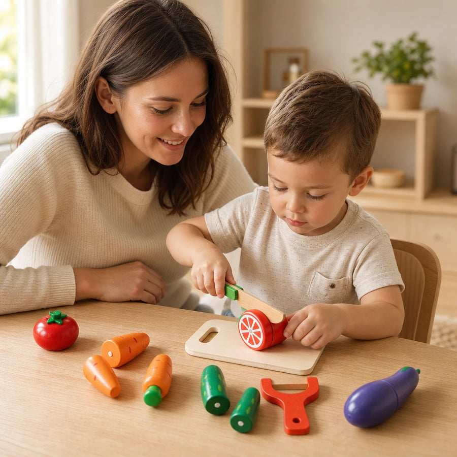 Child playing with the Wooden Cutting Toy Fruits Vegetables Set