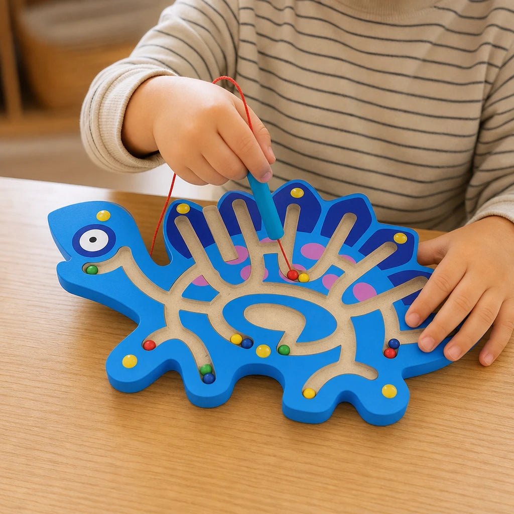 Close-up of a child's hands using the Wooden Dinosaur Maze Montessori Learning Toy