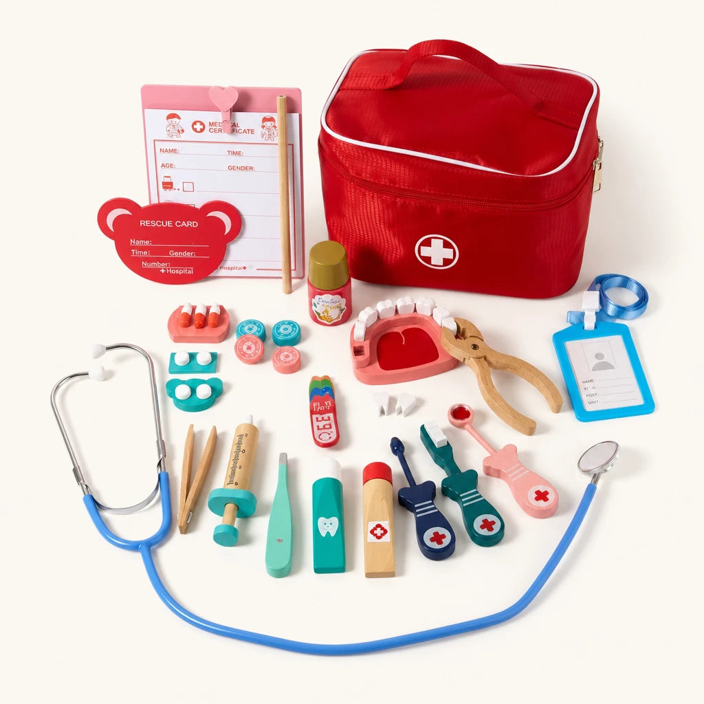 Wooden Doctor Kit with 20+ Medical Play Tools shown complete on a plain background