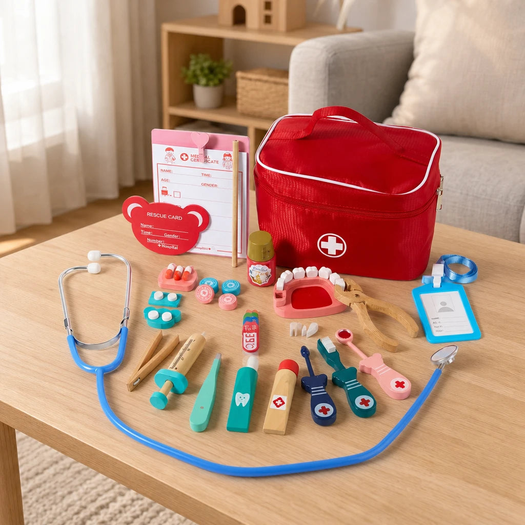 Wooden Doctor Kit with 20+ Medical Play Tools set out on a real table at home