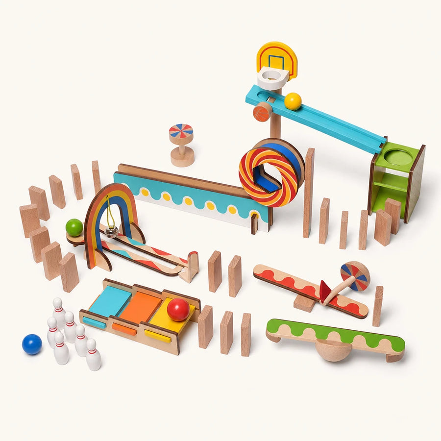 Wooden Domino Run Set 57-Piece STEM Building Toy shown complete on a plain background