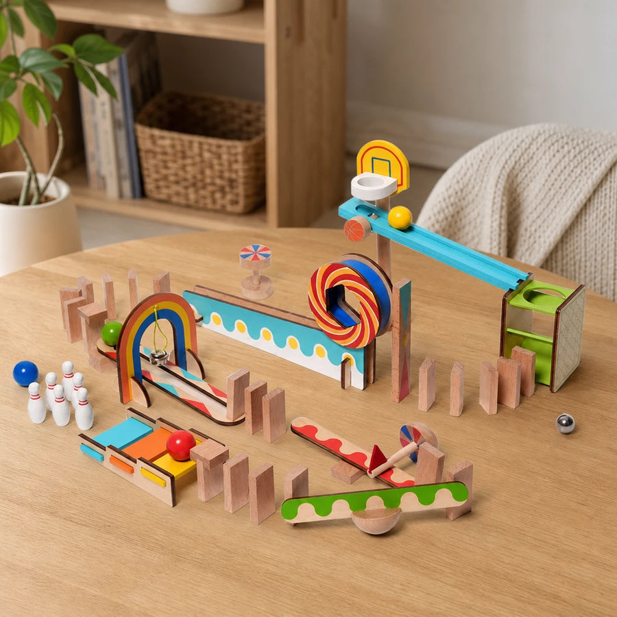 Wooden Domino Run Set 57-Piece STEM Building Toy set out on a real table at home