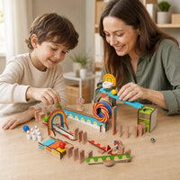 Child playing with the Wooden Domino Run Set 57-Piece STEM Building Toy