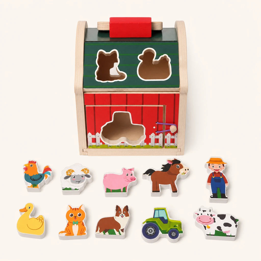 Wooden Farmhouse Toy with Shape Sorter — complete set on a neutral background