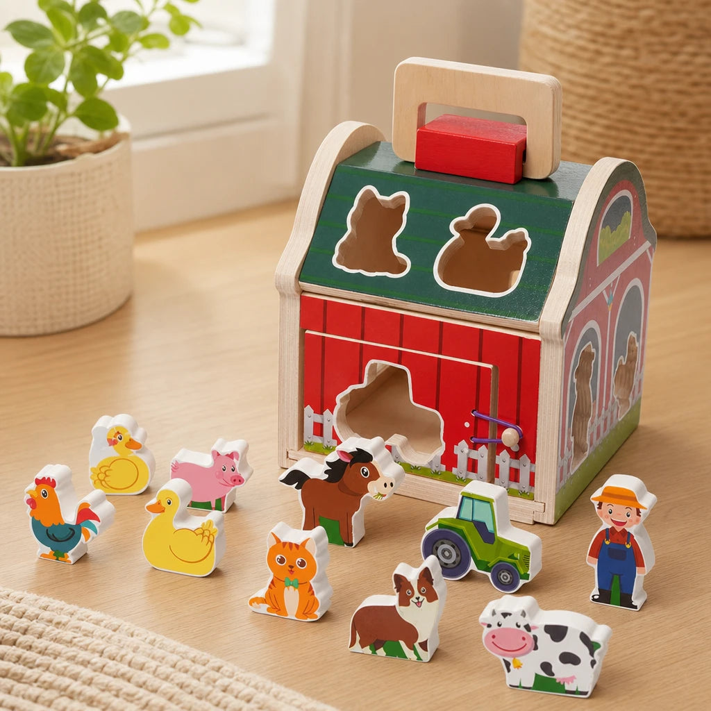 Wooden Farmhouse Toy with Shape Sorter shown on a real table surface