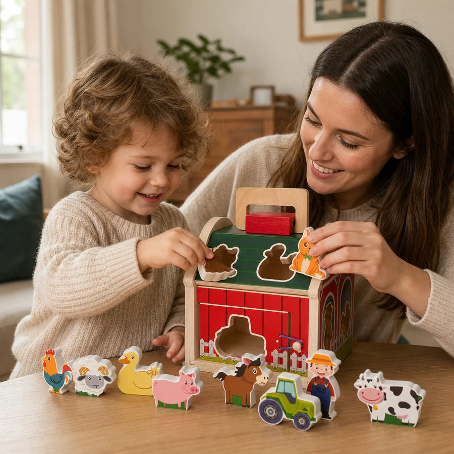 Child using the Wooden Farmhouse Toy with Shape Sorter