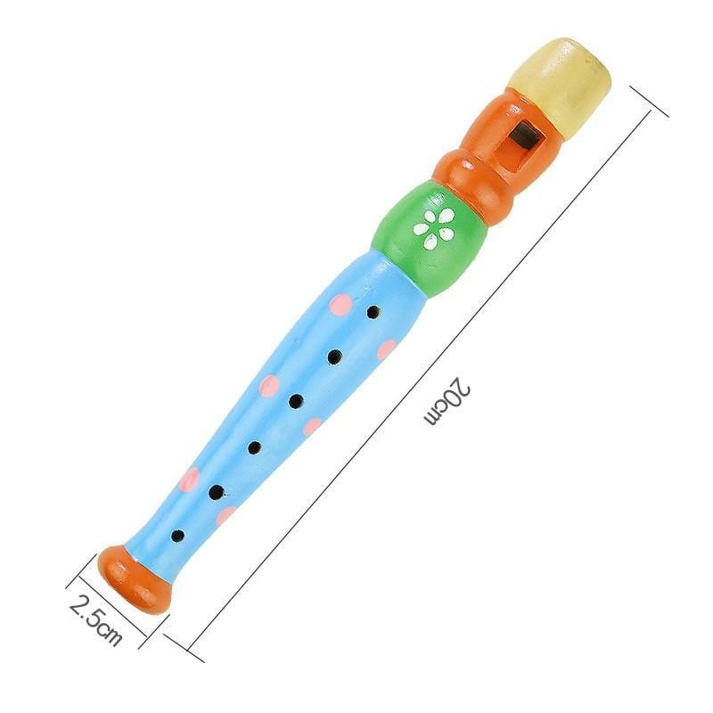 Blue wooden toy flute with coloured finger holes and dimensions