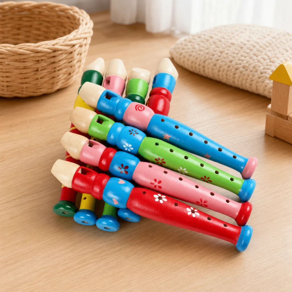 Wooden Flute Toy - Colorful Musical Instrument for Kids set out on a real table at home