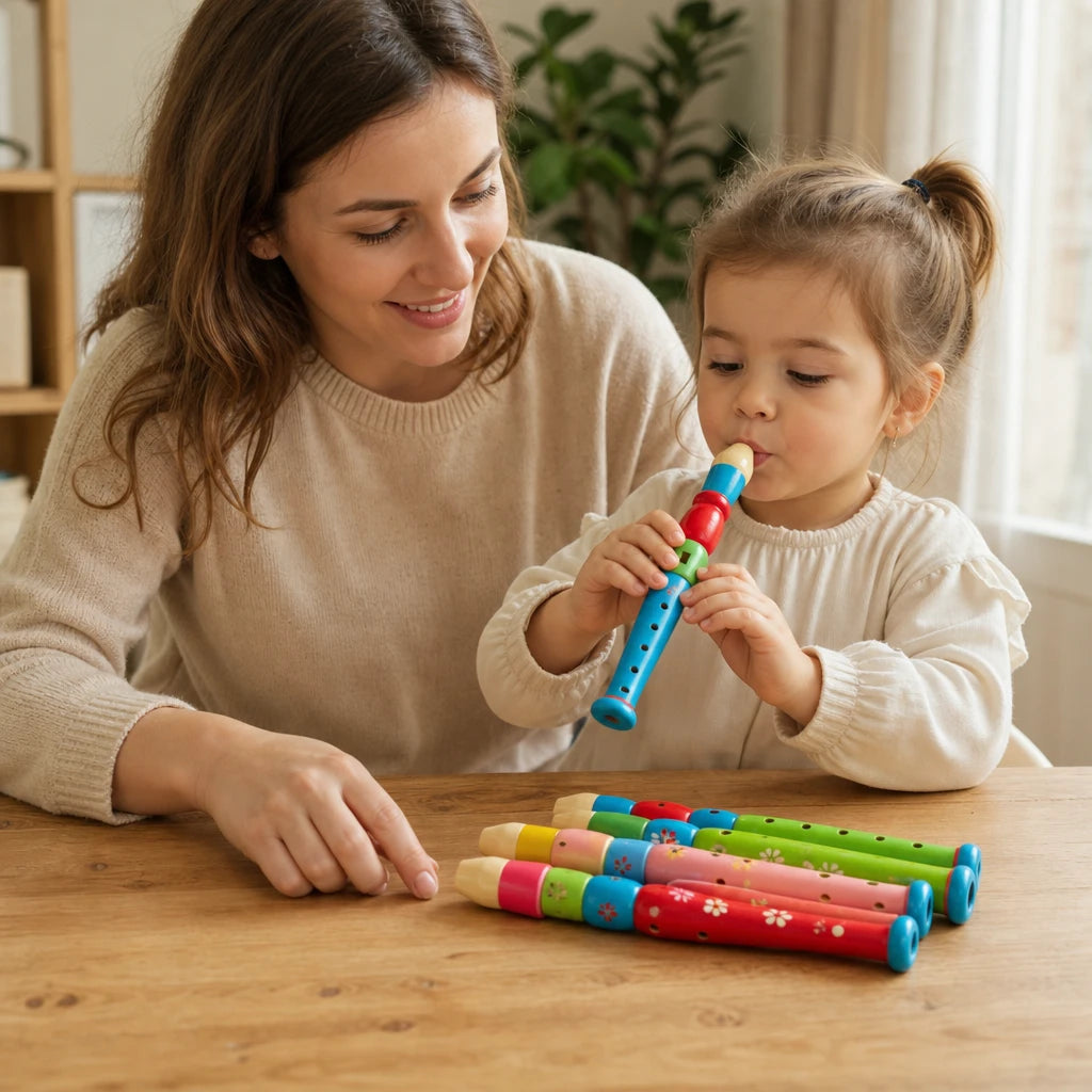Child playing with the Wooden Flute Toy - Colorful Musical Instrument for Kids