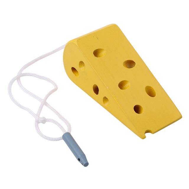 Yellow cheese wedge lacing toy with threading cord