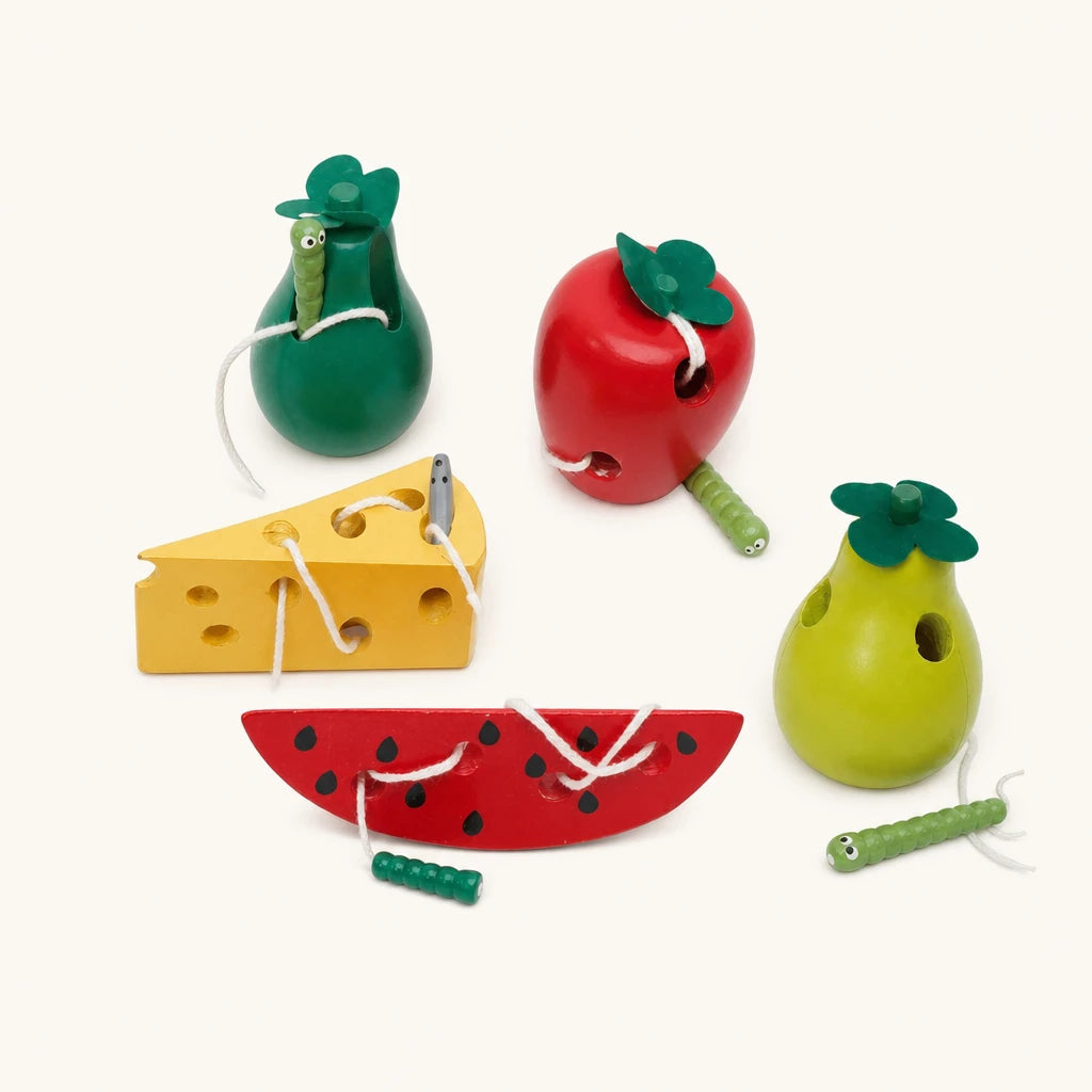 Wooden Lacing Toy Food Set shown complete on a plain background