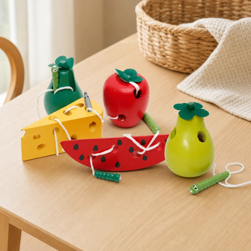 Wooden Lacing Toy Food Set set out on a real table at home