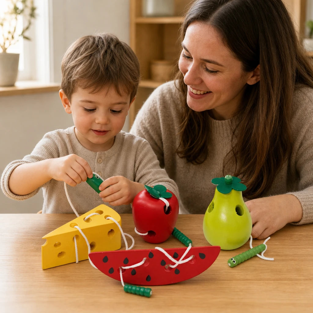 Child playing with the Wooden Lacing Toy Food Set