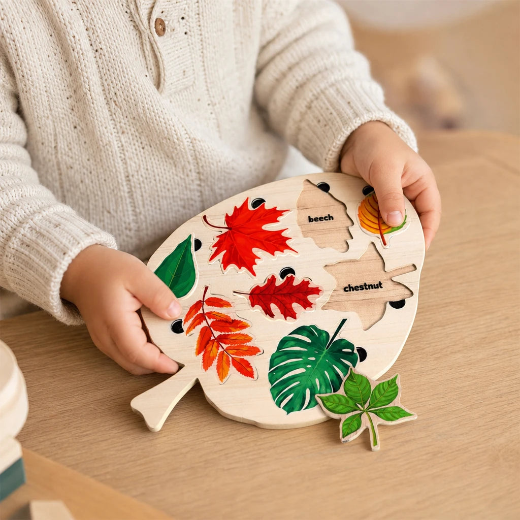 Close-up of a child's hands using the Wooden Leaf Puzzle Bird Shape with 8 Tree Species