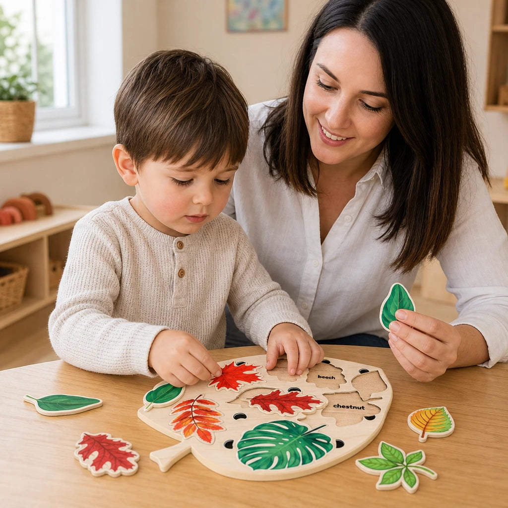 Child playing with the Wooden Leaf Puzzle Bird Shape with 8 Tree Species