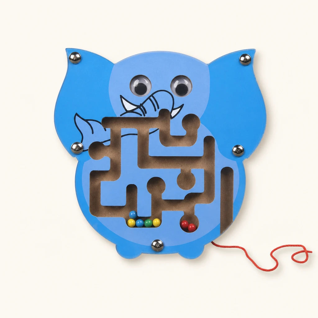 Wooden Maze Toy Elephant shown complete on a plain background