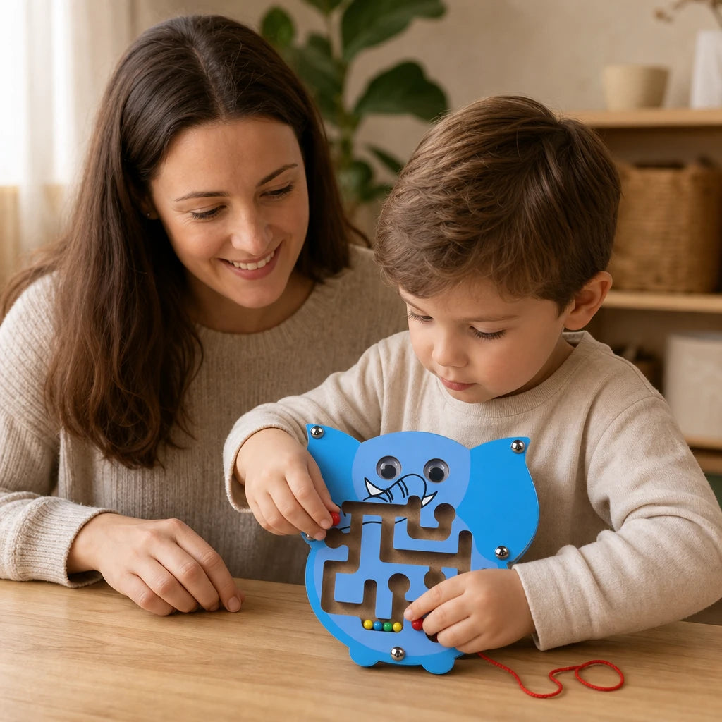 Child playing with the Wooden Maze Toy Elephant