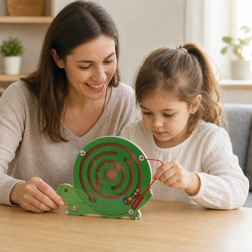 Child playing with the Wooden Maze Toy Turtle