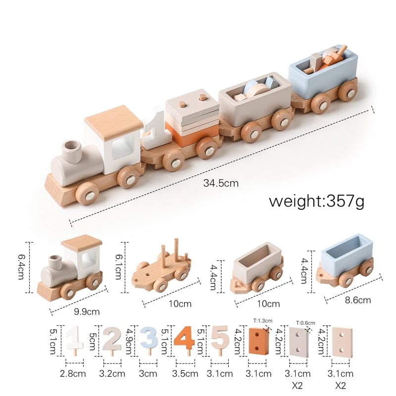 Wooden stacking train with carriages, shown with dimensions