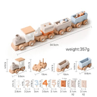 Wooden stacking train with carriages, shown with dimensions