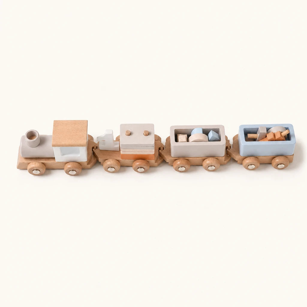 Wooden Montessori Train with Stacking Blocks shown complete on a plain background