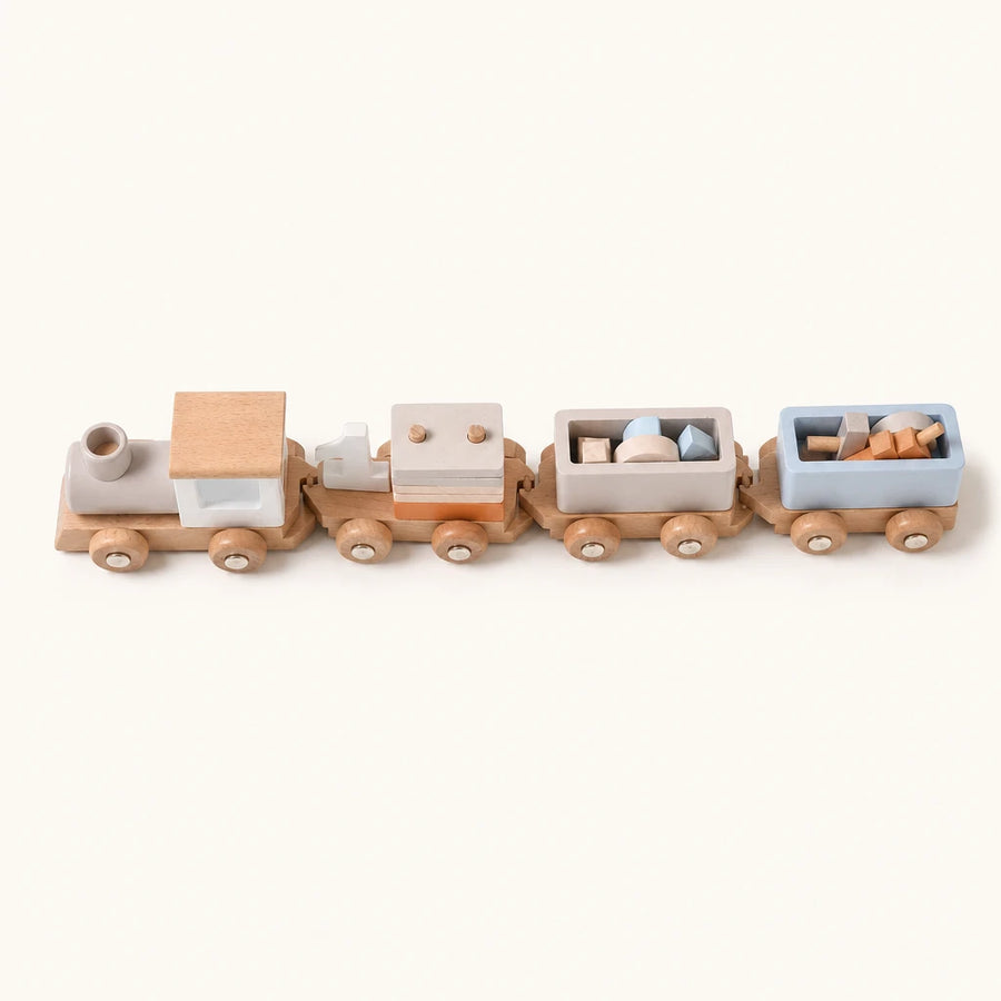 Wooden Montessori Train with Stacking Blocks shown complete on a plain background