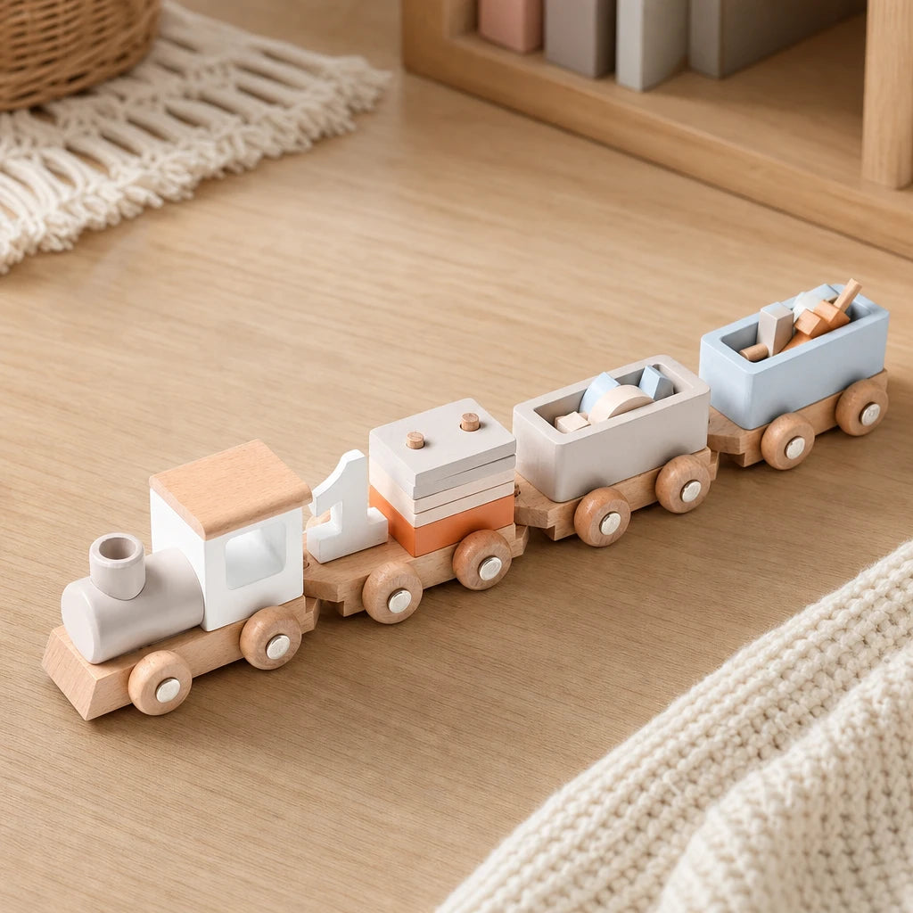 Wooden Montessori Train with Stacking Blocks set out on a real table at home