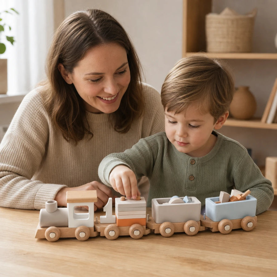 Child playing with the Wooden Montessori Train with Stacking Blocks