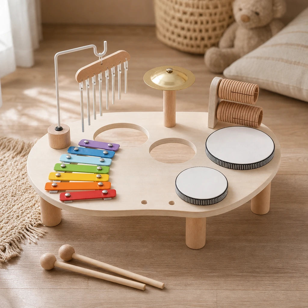 Wooden Music Station – 6 Instruments Set set out on a real table at home