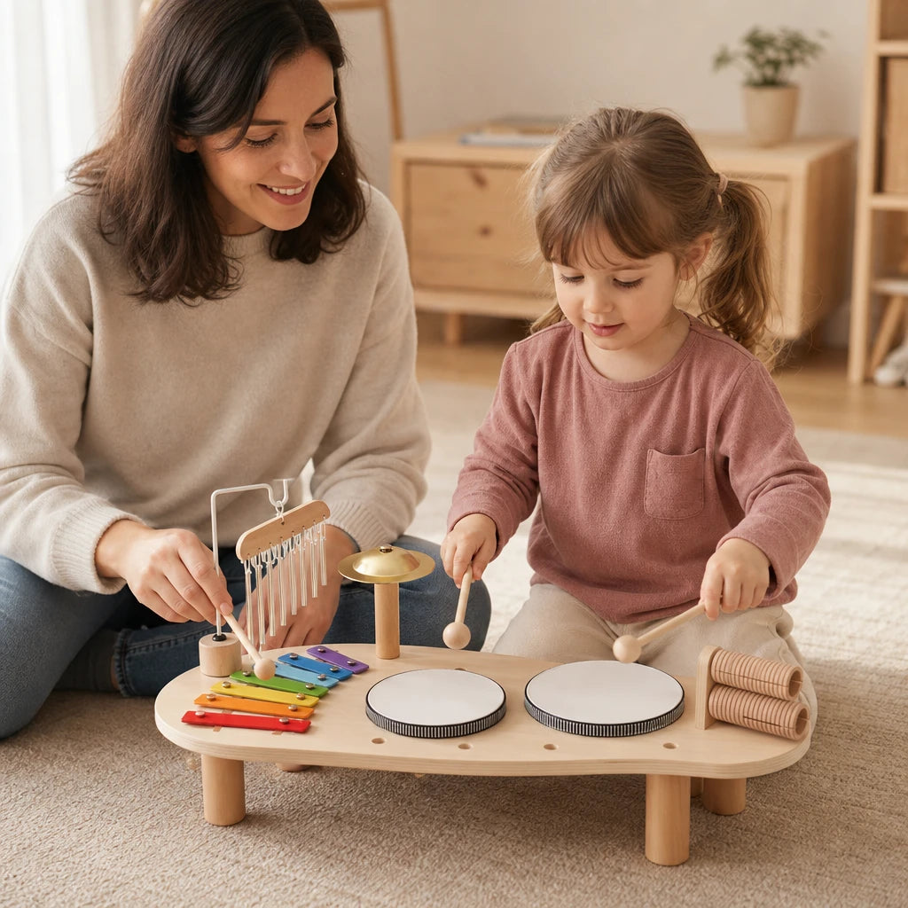 Child playing with the Wooden Music Station – 6 Instruments Set