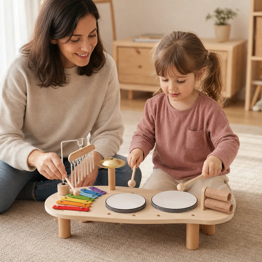 Child playing with the Wooden Music Station – 6 Instruments Set
