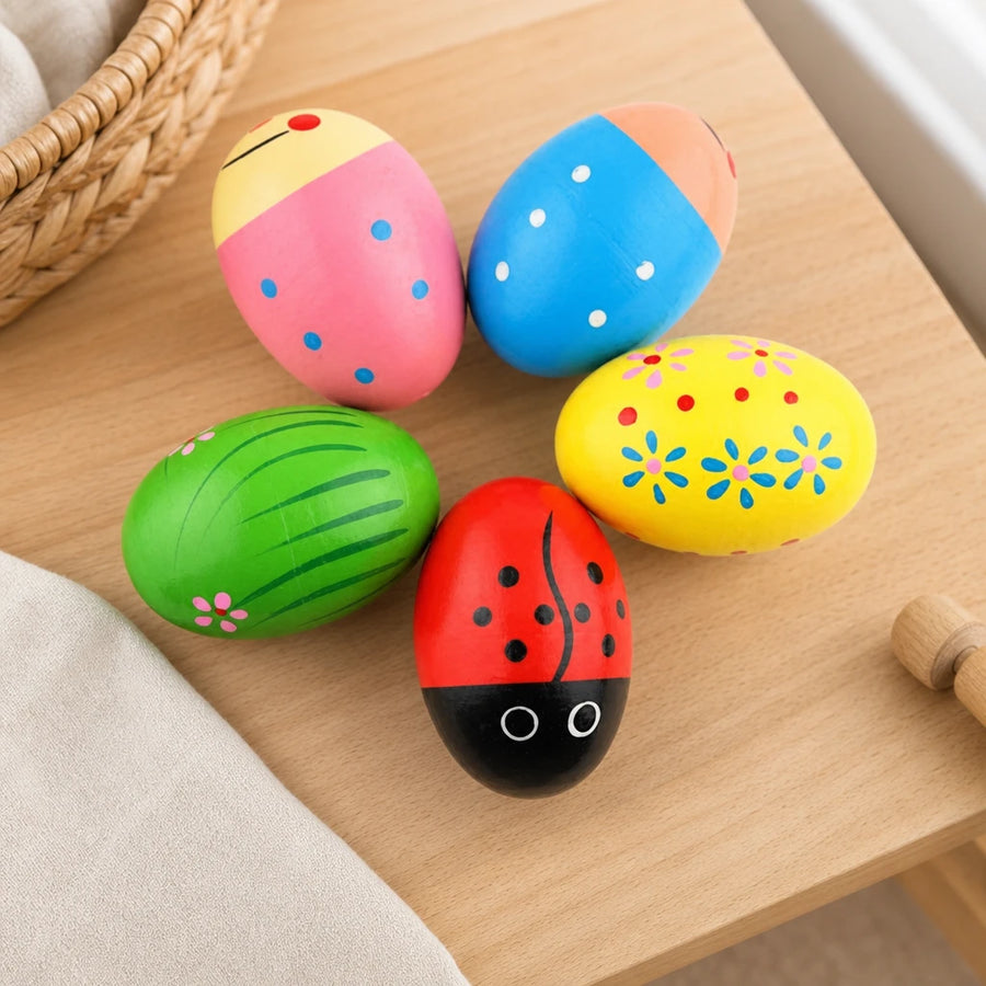 Wooden Musical Eggs - Montessori Sound Shakers set out on a real table at home