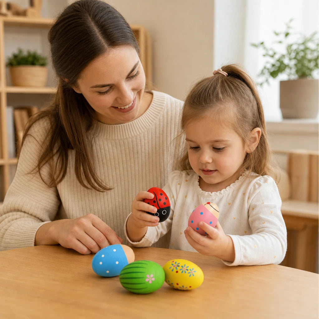 Child playing with the Wooden Musical Eggs - Montessori Sound Shakers