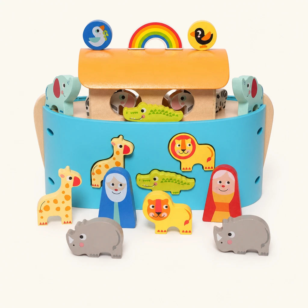 Wooden Noah's Ark with Animals & Storybook — complete set on a neutral background