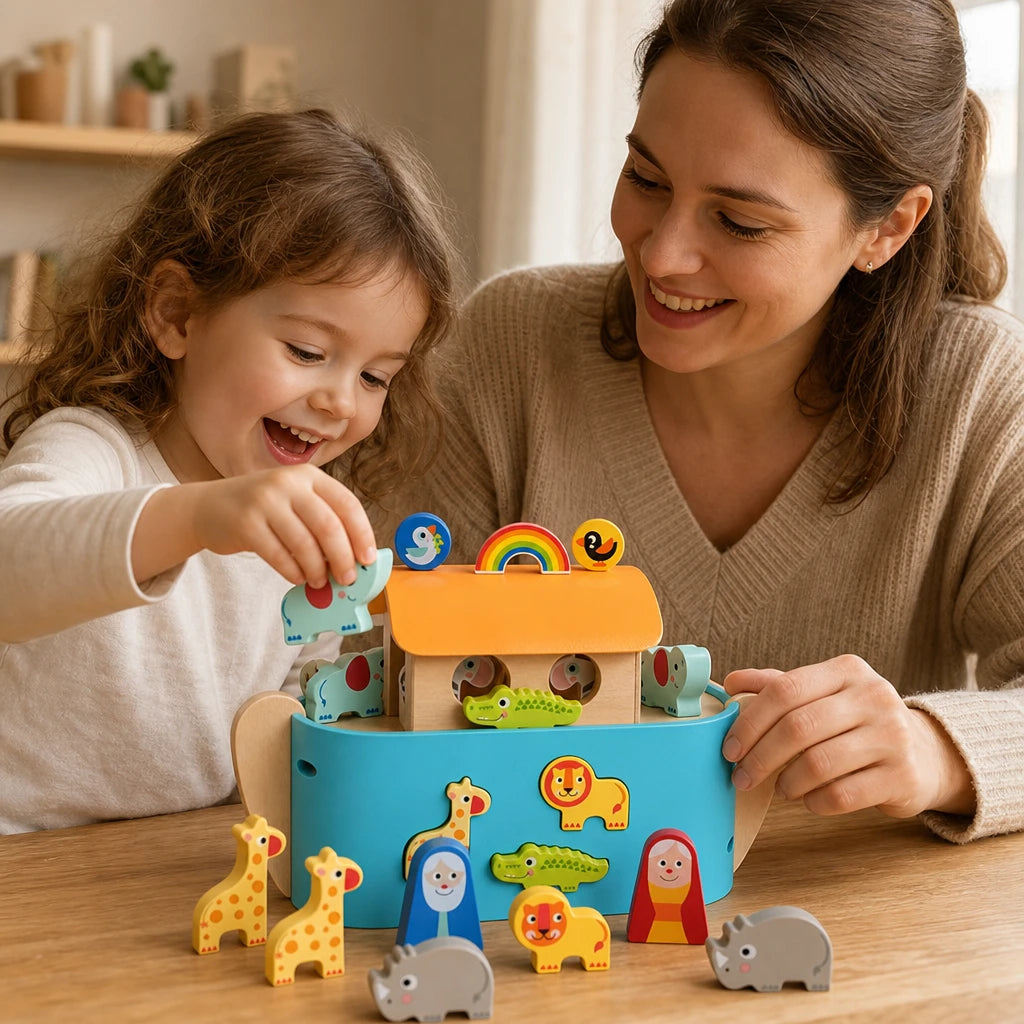 Child using the Wooden Noah's Ark with Animals & Storybook